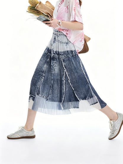 AYANAS Straight-cut faux denim printed pleated women’s skirt