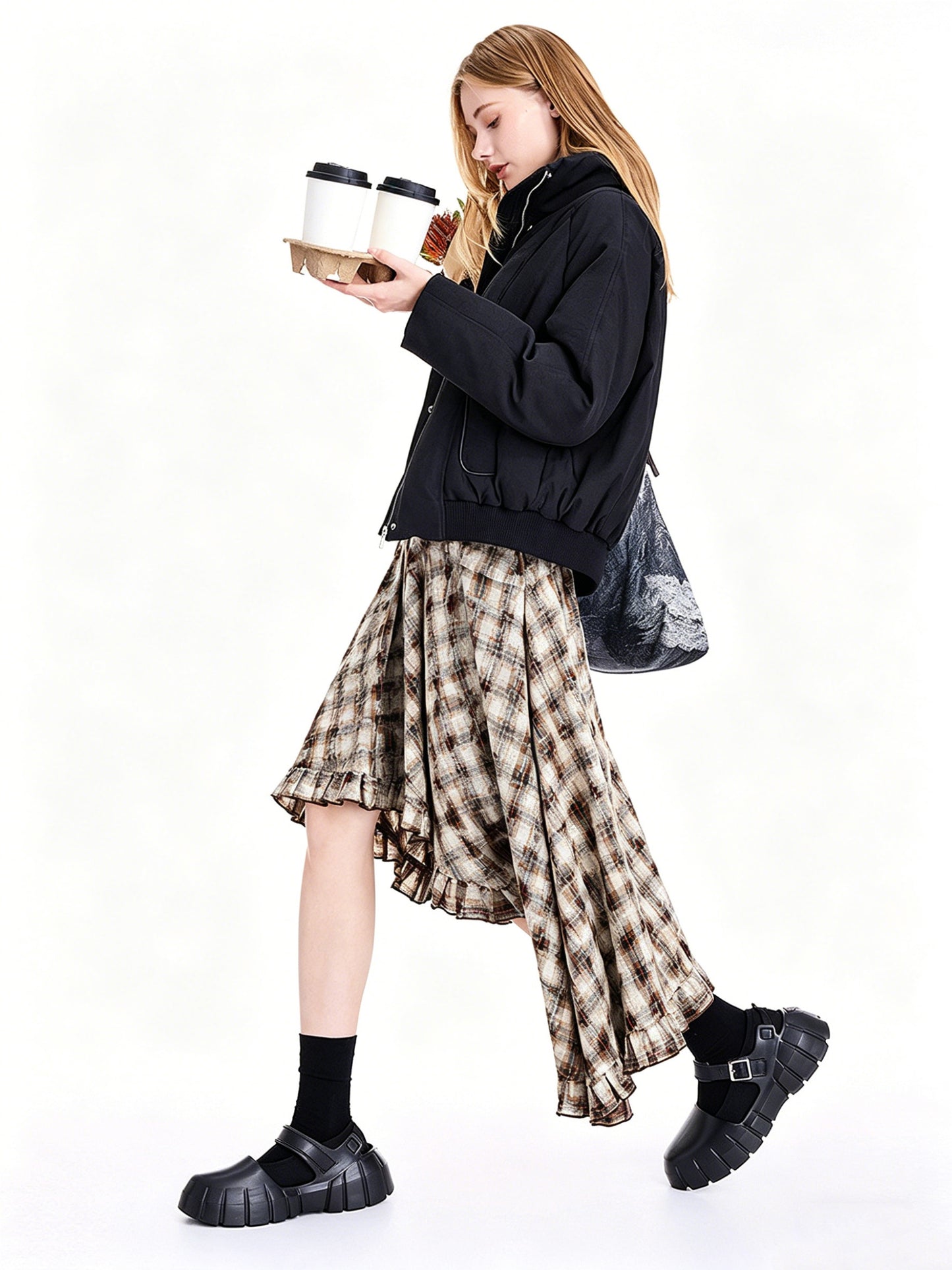 AYANAS Double-layered grey skirt with pleated lace trim