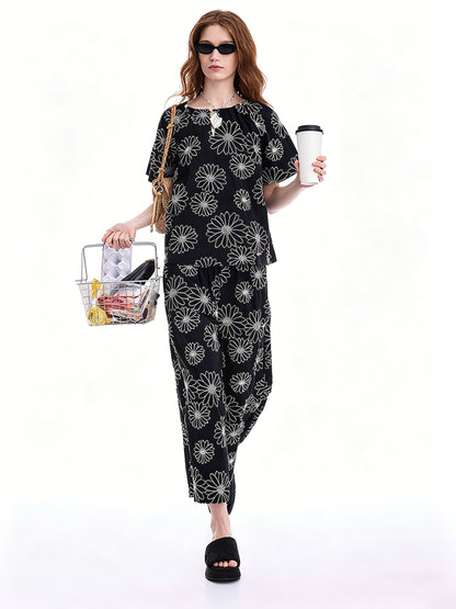 AYANAS Loose-fit drop-shoulder short-sleeve women's shirt set with daisy embroidery
