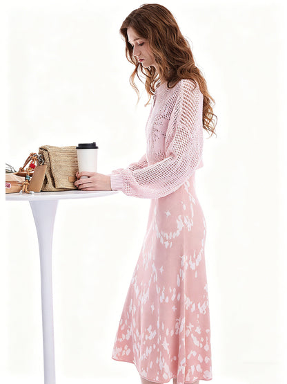 AYANAS Pink Wavy Jacquard Spaghetti-Strap Knit Dress