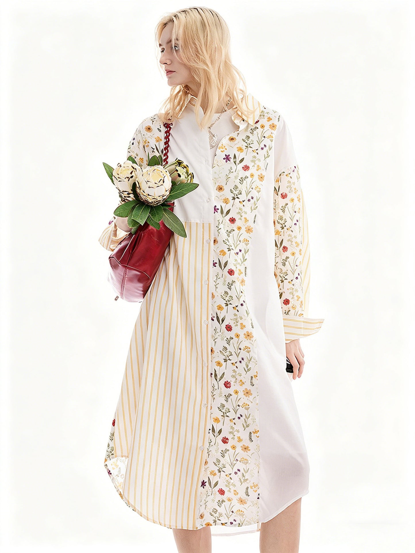 AYANAS Printed Patchwork Striped Collared Shirt Dress