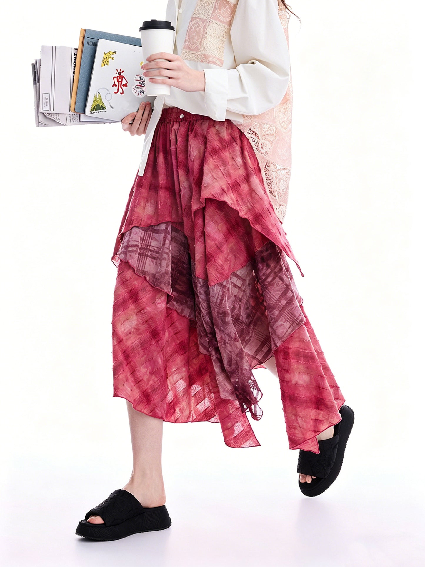 AYANAS Patchwork Velvet Checkered Magenta Skirt