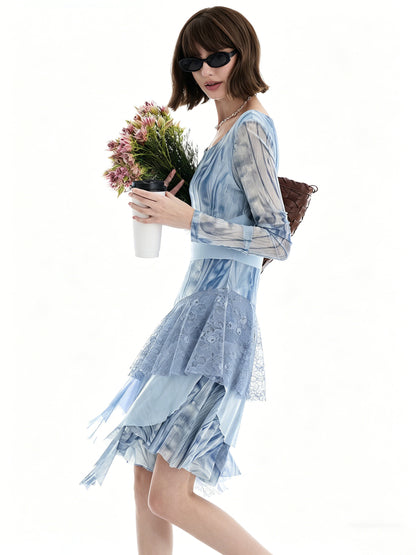 AYANAS Blue Printed Mesh and Lace Patchwork Dress