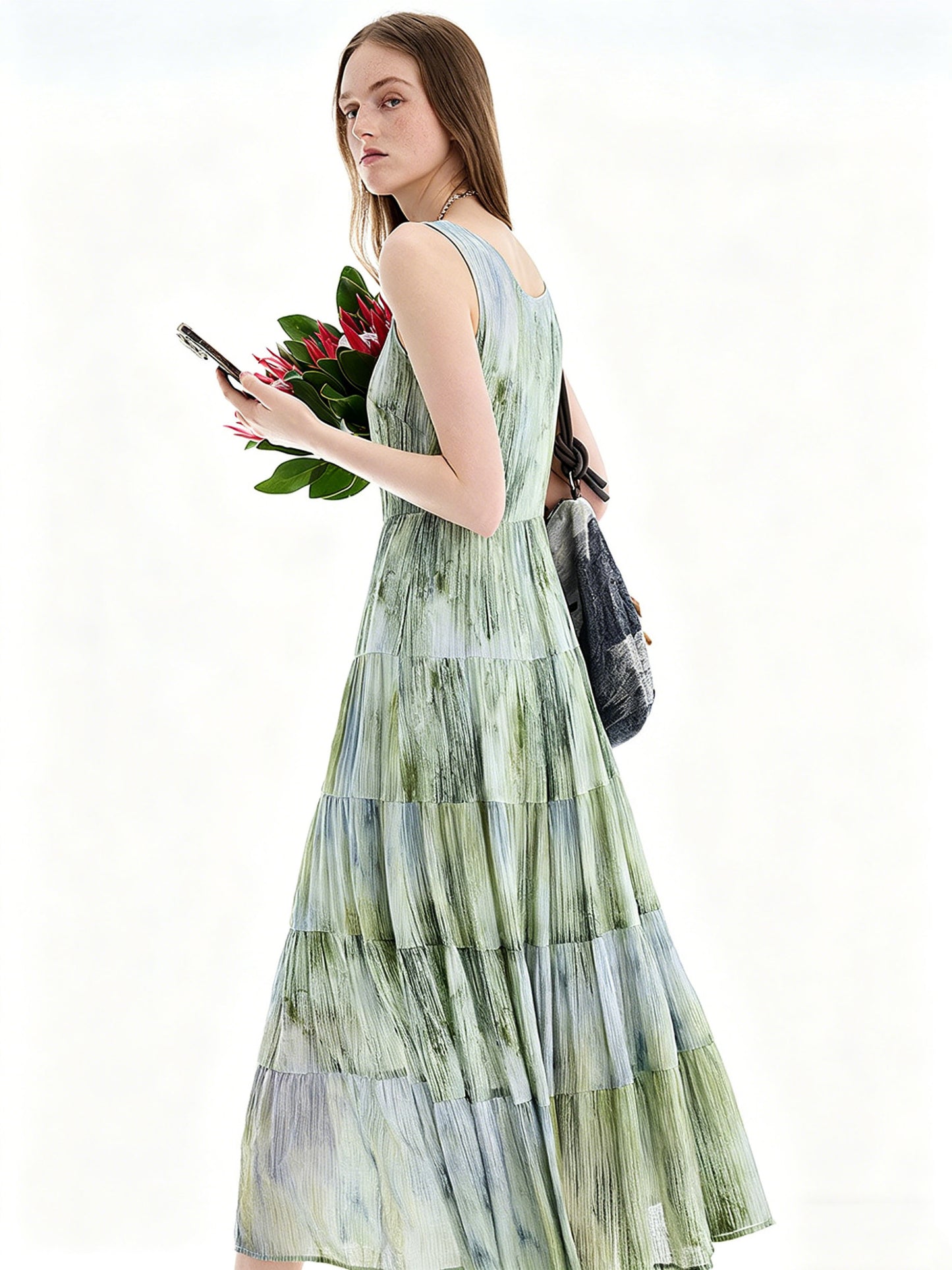 AYANAS Green gradient mottled print pinafore dress