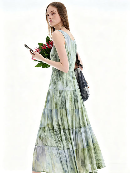 AYANAS Green gradient mottled print pinafore dress