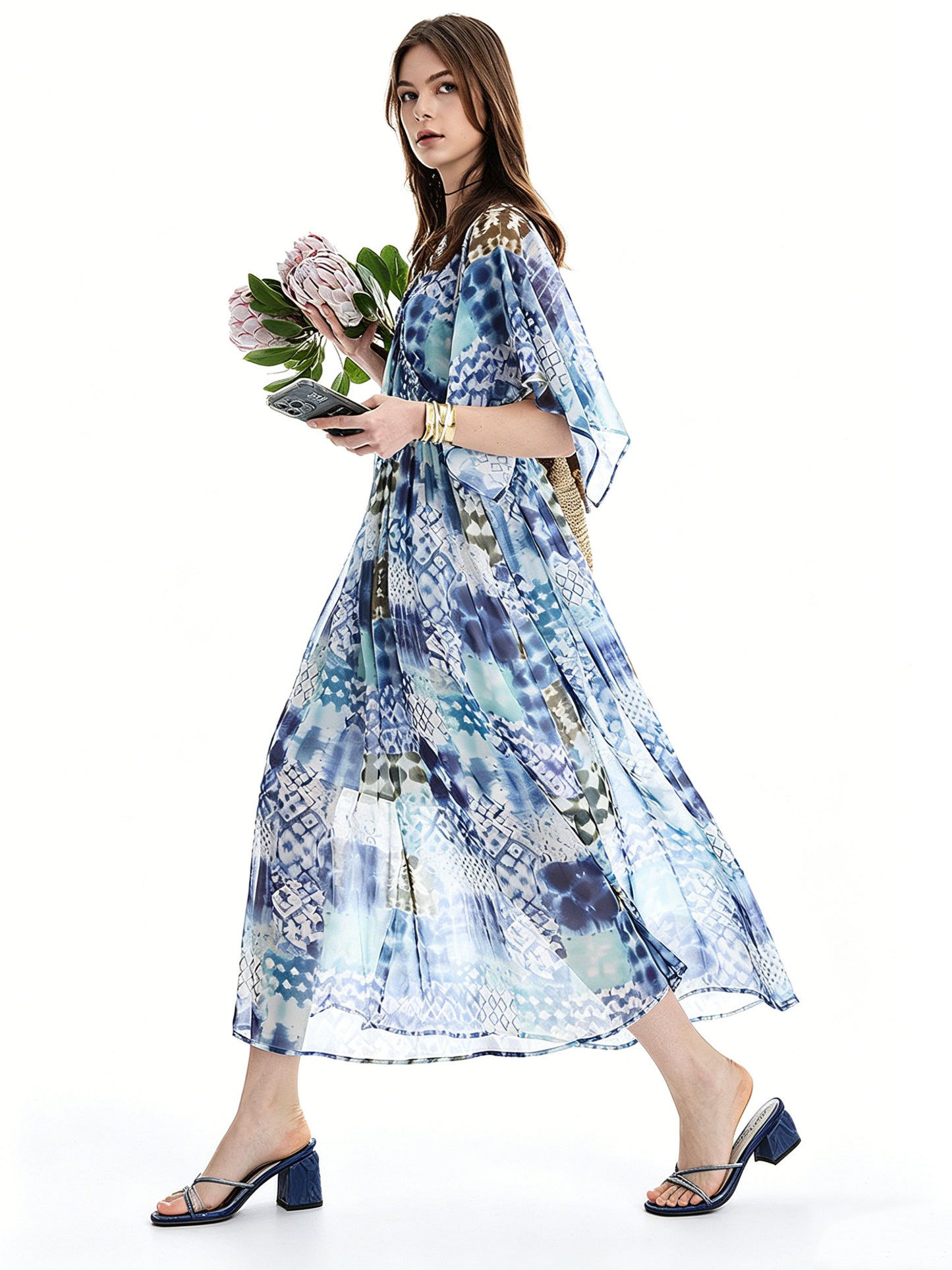 AYANAS Multi-coloured printed chiffon V-neck maxi dress for women