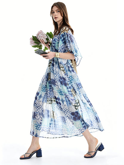 AYANAS Multi-coloured printed chiffon V-neck maxi dress for women