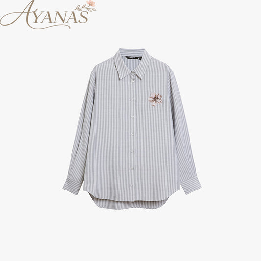 AYANAS Women's Shirt with Hand-Painted Floral Print and Stripes