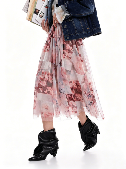 AYANAS Pink Floral-Print Layered Tulle Midi Skirt