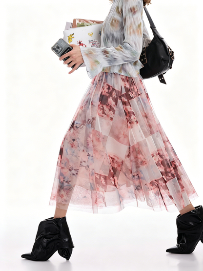 AYANAS Pink Floral-Print Layered Tulle Midi Skirt