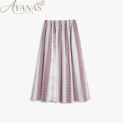 AYANAS Patchwork Striped and Checkered Elastic-Waist Midi Skirt