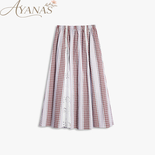 AYANAS Patchwork Striped and Checkered Elastic-Waist Midi Skirt