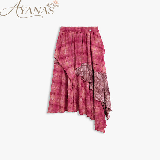 AYANAS Patchwork Velvet Checkered Magenta Skirt