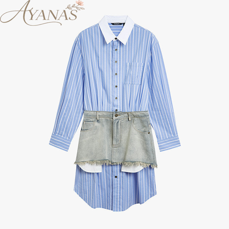 AYANAS Collared Striped Patchwork Frayed-Edge Denim Dress