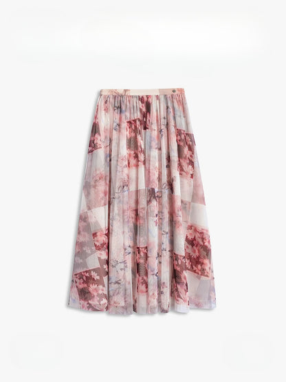 AYANAS Pink Floral-Print Layered Tulle Midi Skirt
