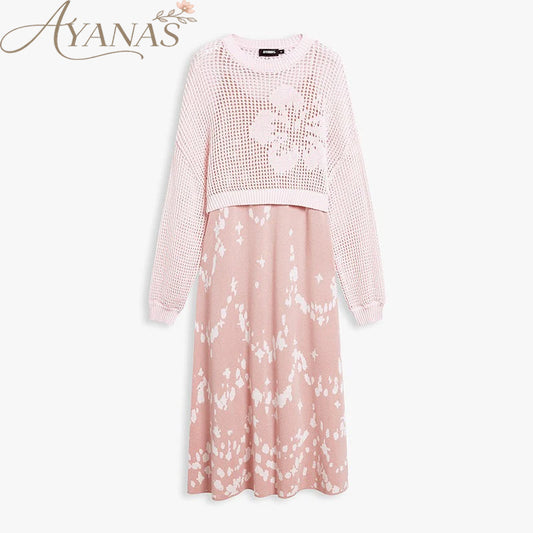 AYANAS Pink Wavy Jacquard Spaghetti-Strap Knit Dress