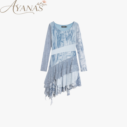 AYANAS Blue Printed Mesh and Lace Patchwork Dress