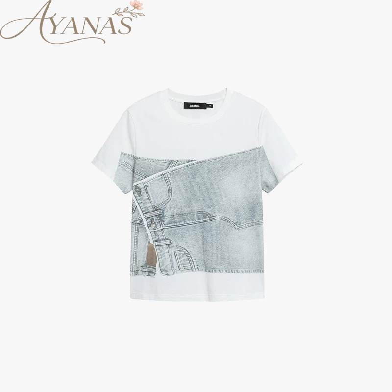 AYANAS Short-Sleeve T-Shirt with Denim Print