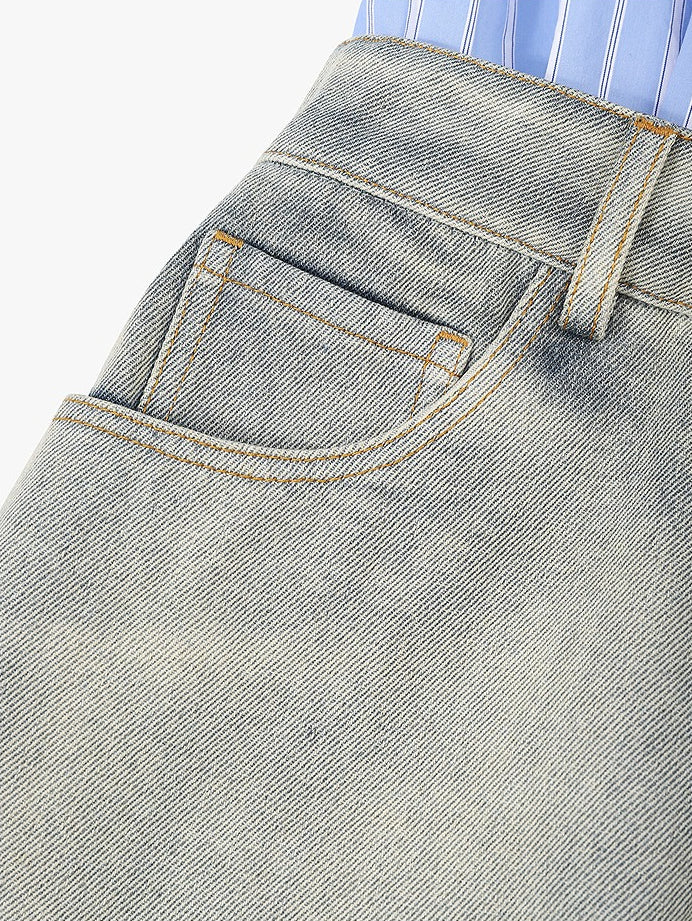 AYANAS Collared Striped Patchwork Frayed-Edge Denim Dress