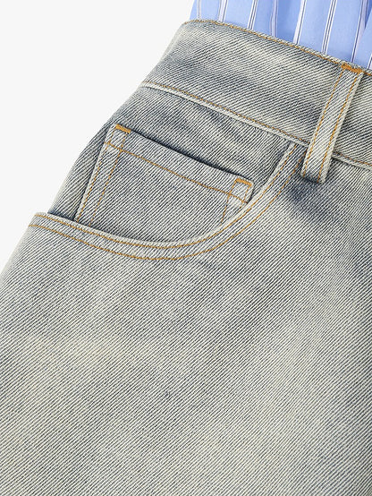 AYANAS Collared Striped Patchwork Frayed-Edge Denim Dress