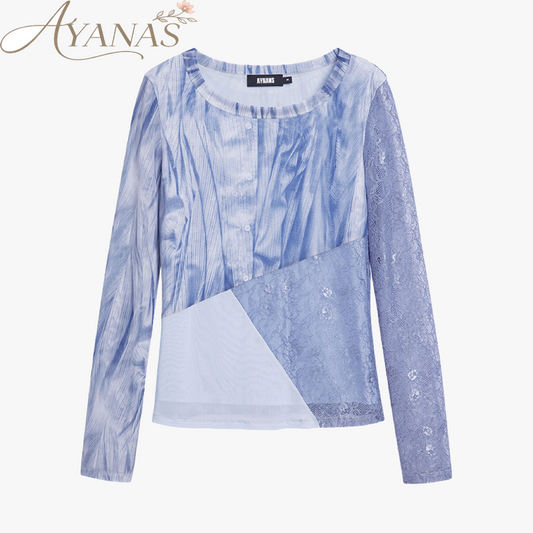 AYANAS T-shirt with floral rose print and lace panels