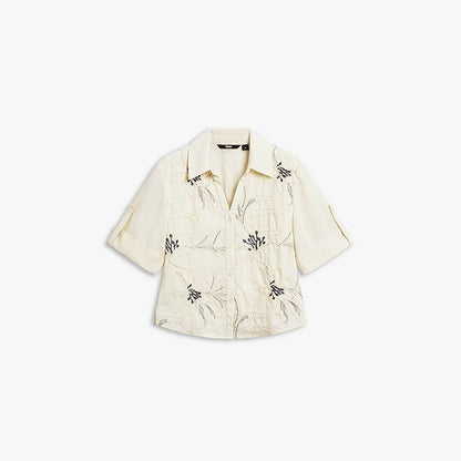 AYANAS  Short-Sleeve Blouse Set with Embroidered Floral Design