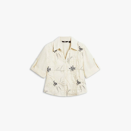 AYANAS  Short-Sleeve Blouse Set with Embroidered Floral Design