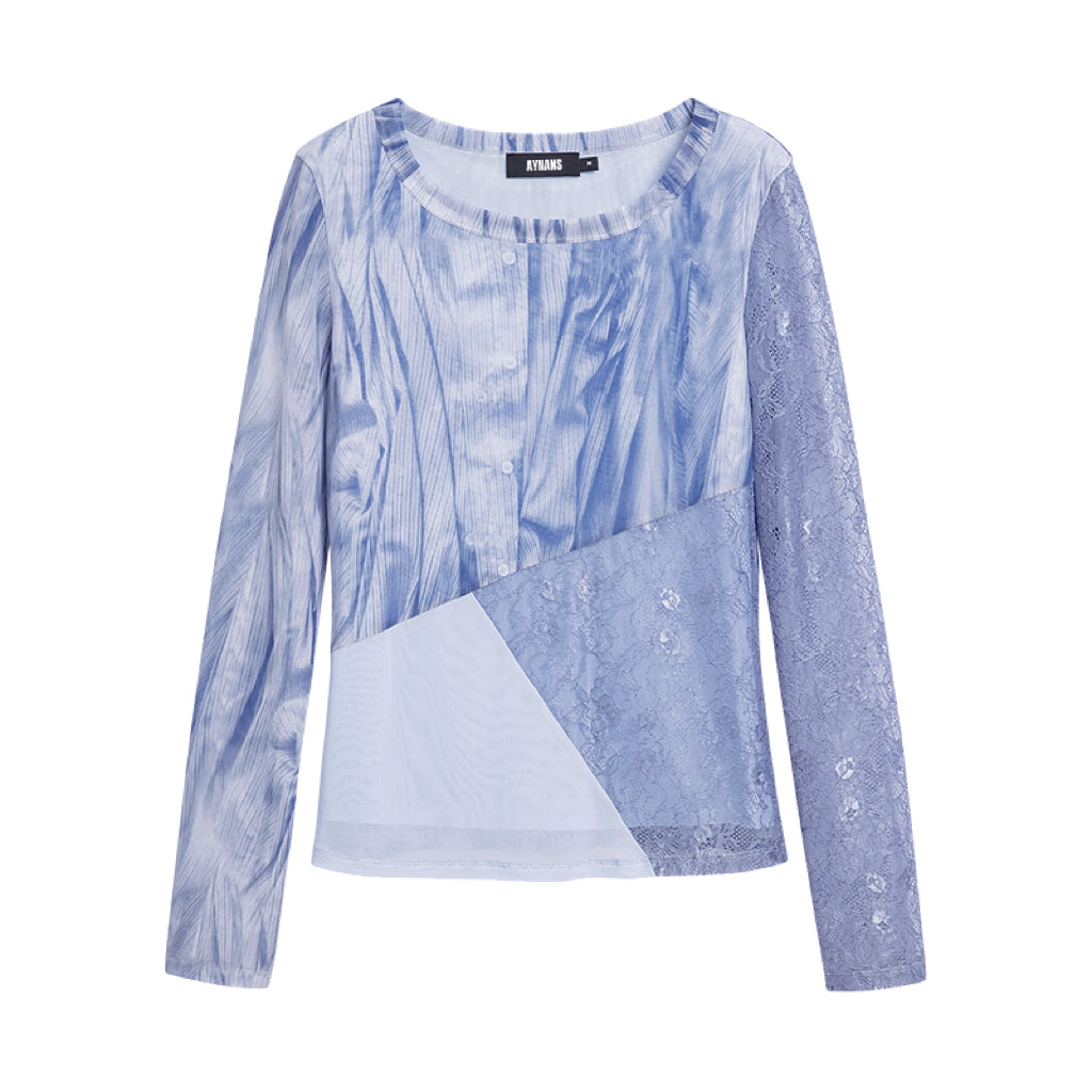 AYANAS T-shirt with floral rose print and lace panels