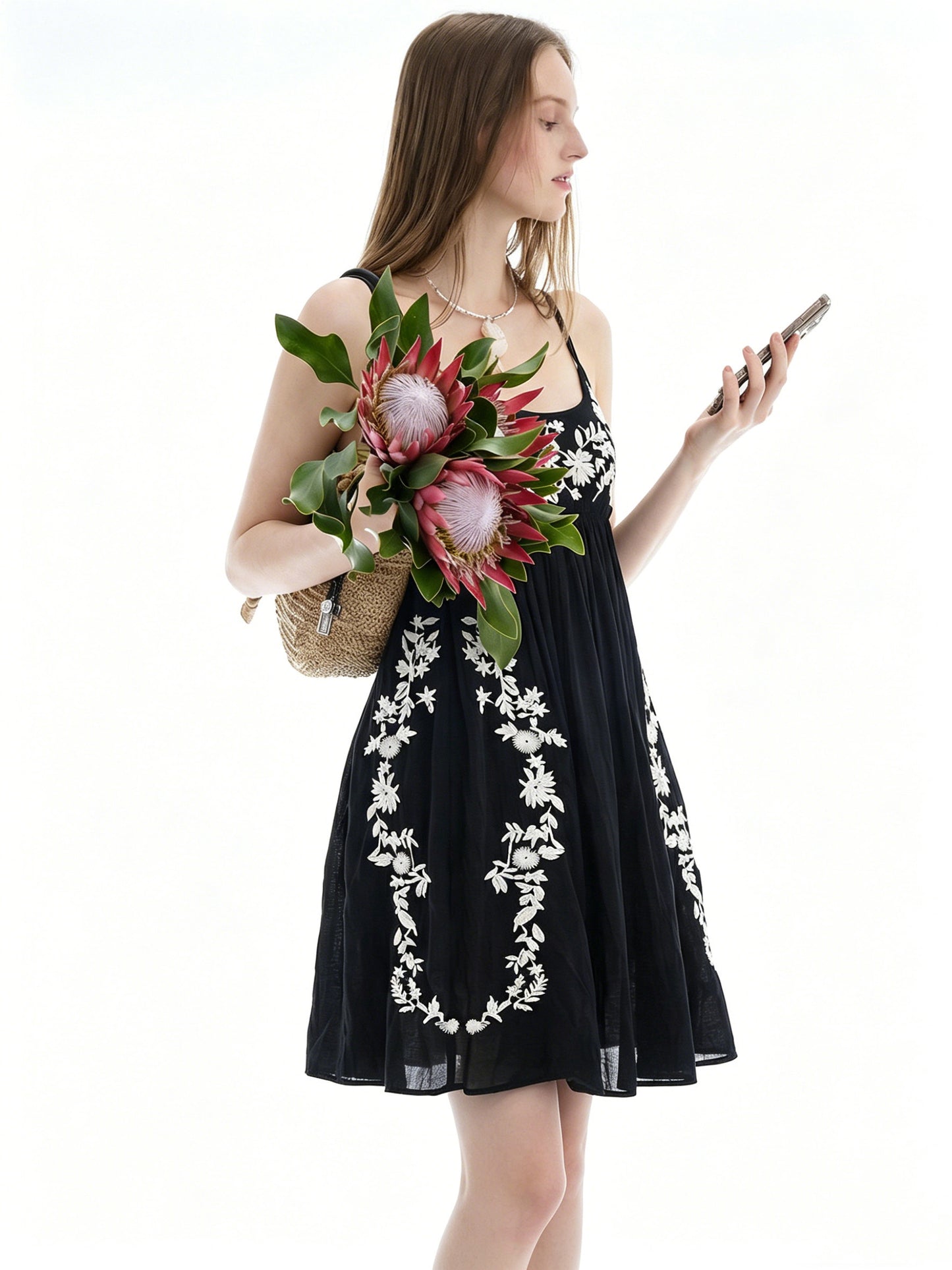 AYANAS Black-and-white floral embroidered sundress