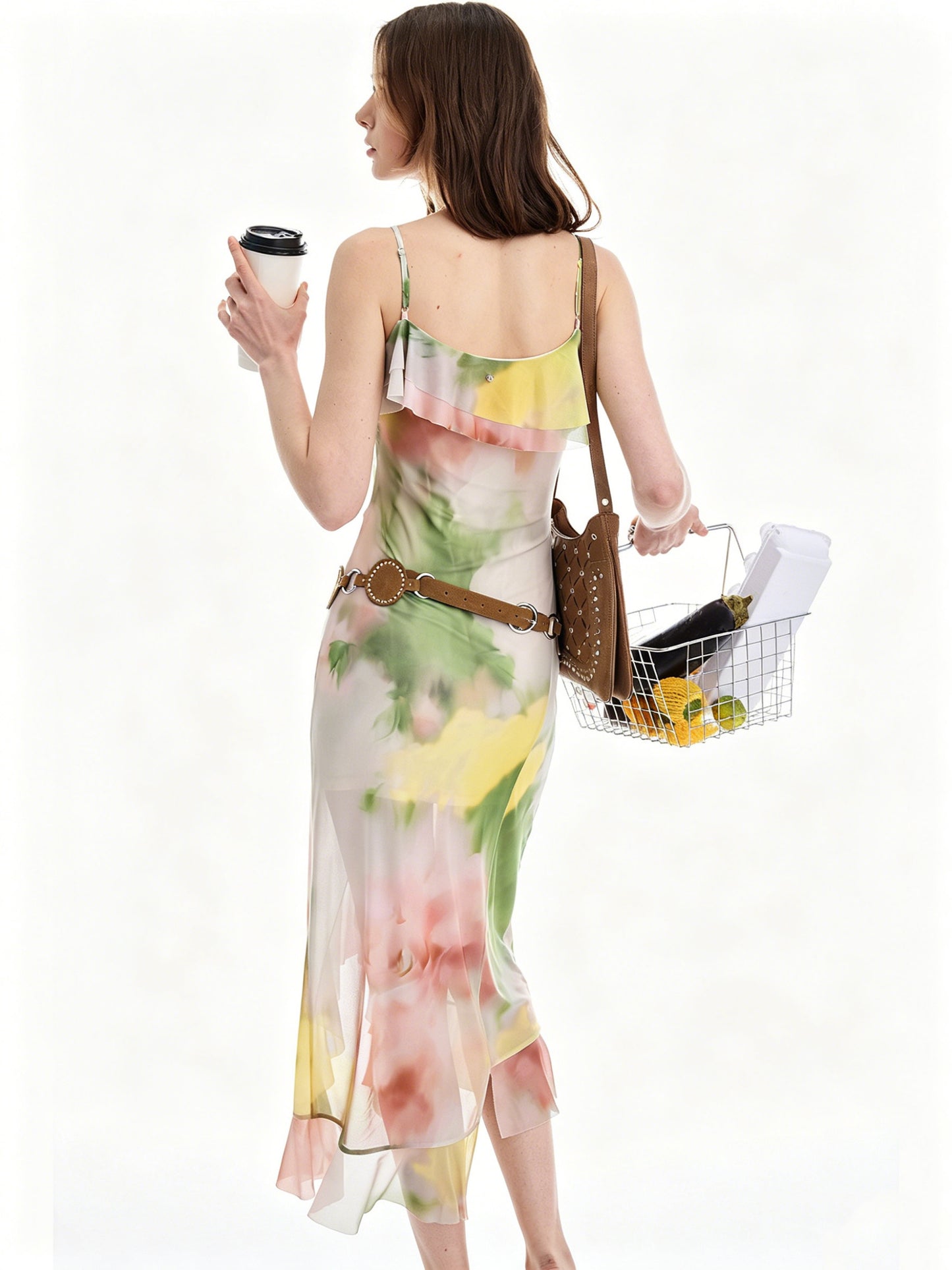 AYANAS Stretch-Print Ruffled Spaghetti-Strap Dress for Women