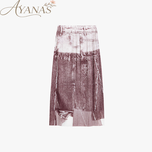 AYANAS Women’s straight-cut faux denim print skirt