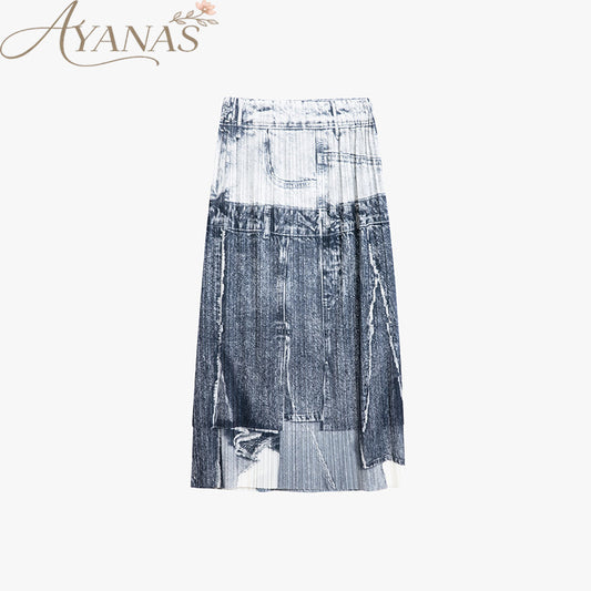 AYANAS Straight-cut faux denim printed pleated women’s skirt
