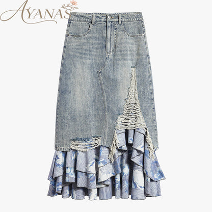 AYANAS Floral-print double-layered patchwork denim skirt