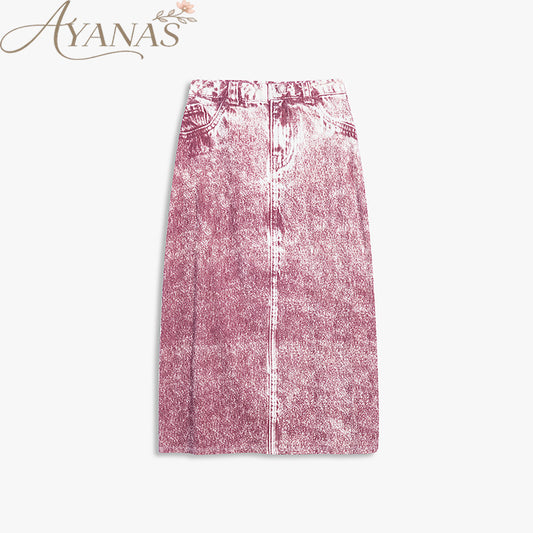 AYANAS Women’s knitted stretch skirt with a denim-effect print
