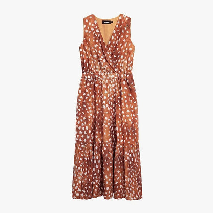 AYANAS Orange Printed V-Neck Sleeveless Women's Dress