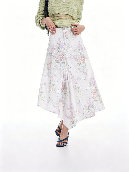 AYNAS Openwork floral print patchwork skirt