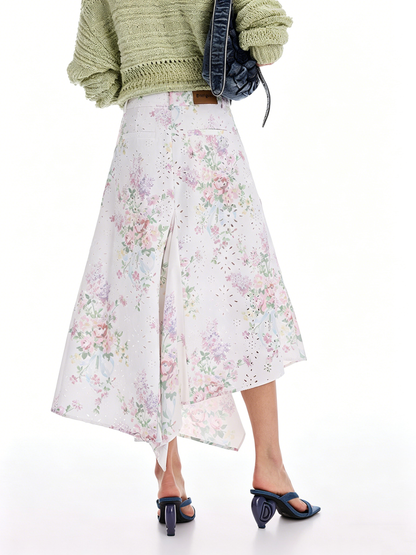 AYNAS Openwork floral print patchwork skirt