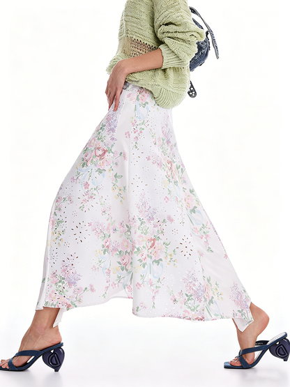 AYNAS Openwork floral print patchwork skirt