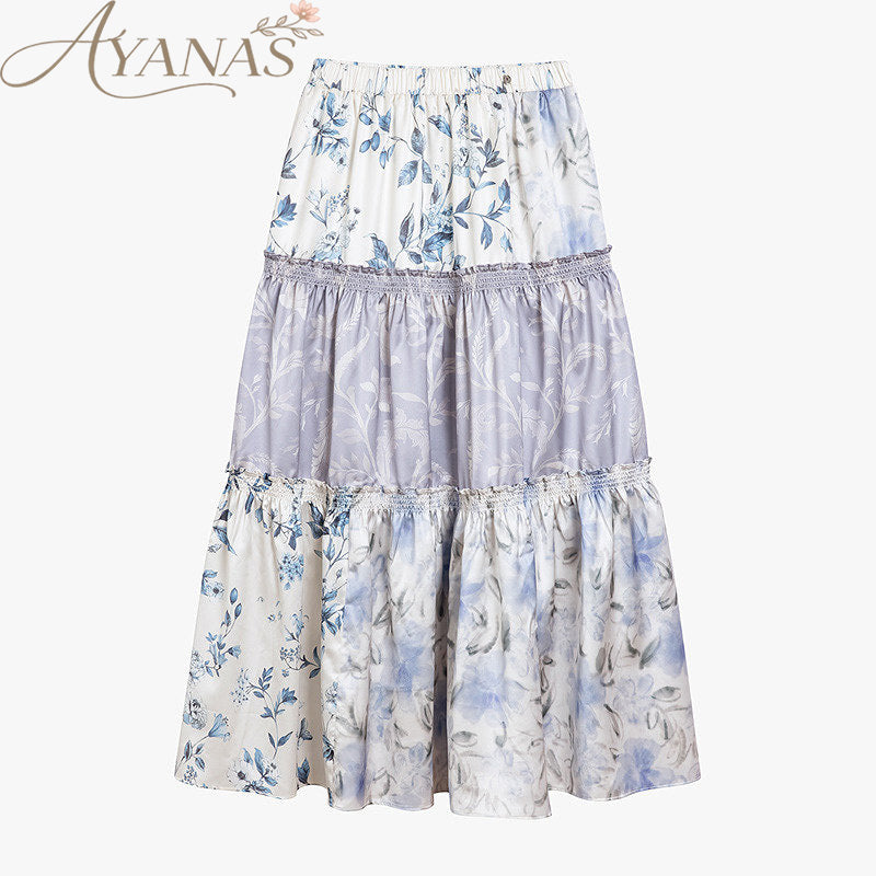 AYANAS Floral-print patchwork layered midi skirt