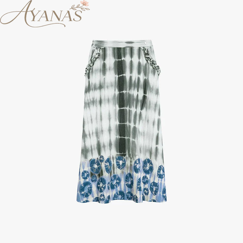 AYANAS Green tie-dye printed lace midi skirt