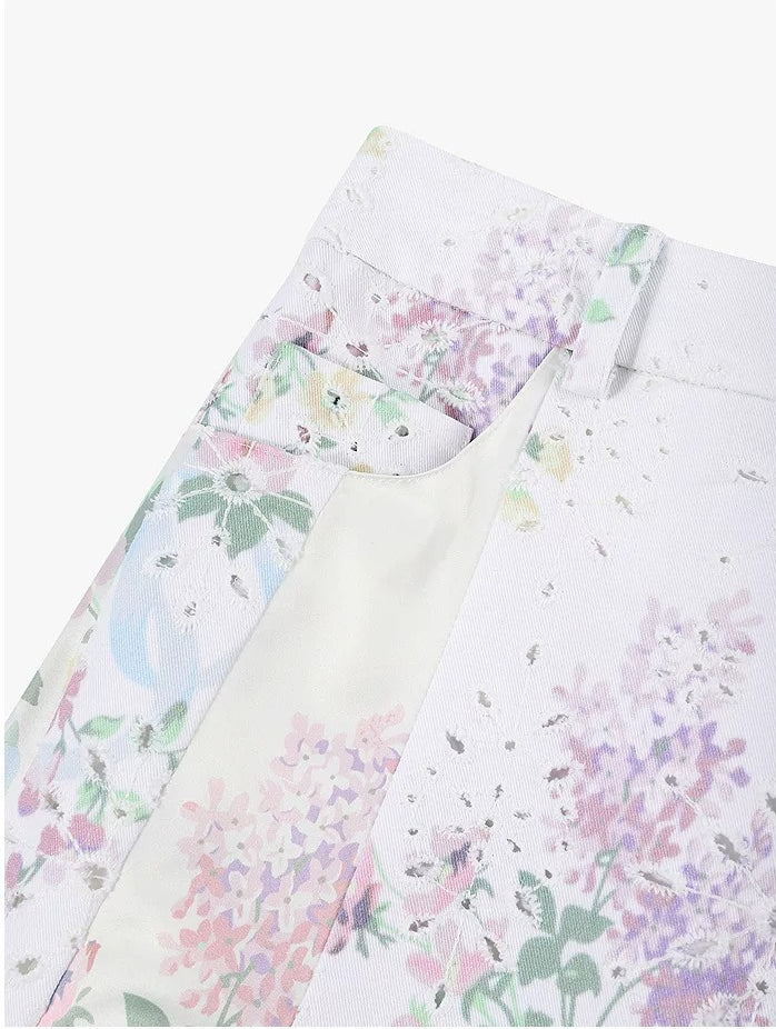 AYNAS Openwork floral print patchwork skirt
