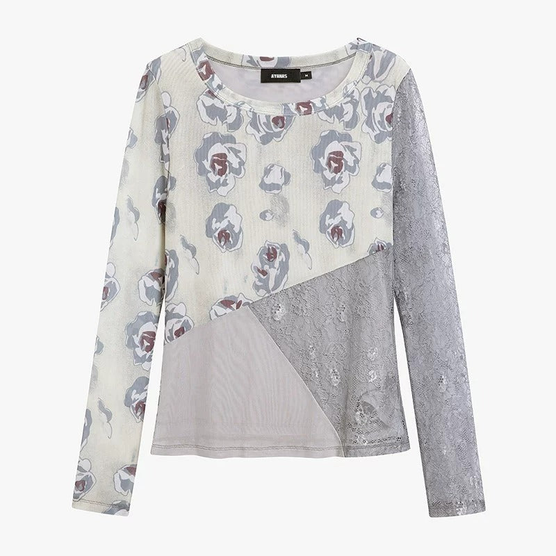 AYANAS T-shirt with floral rose print and lace panels