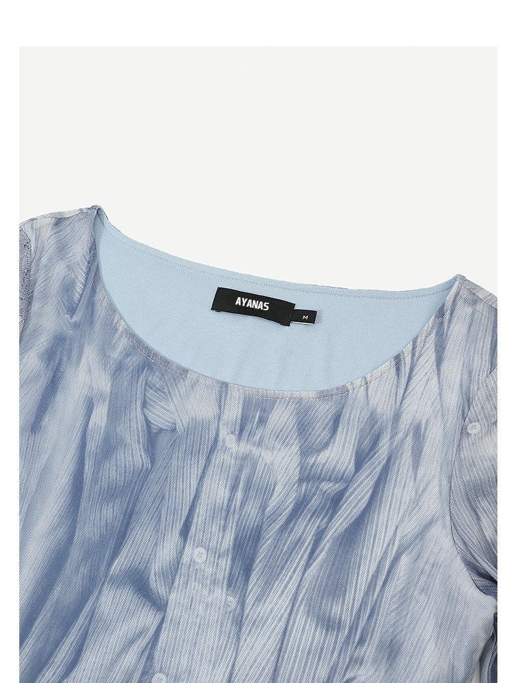 AYANAS Blue Printed Mesh and Lace Patchwork Dress