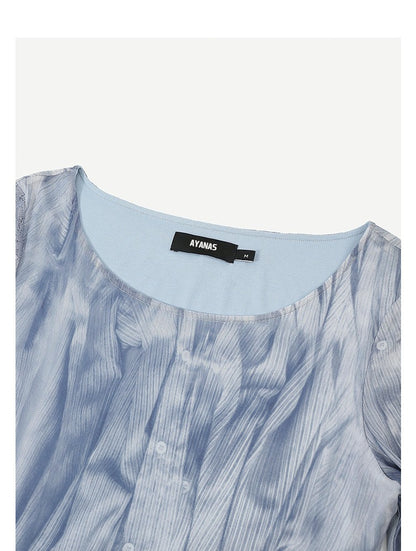 AYANAS Blue Printed Mesh and Lace Patchwork Dress