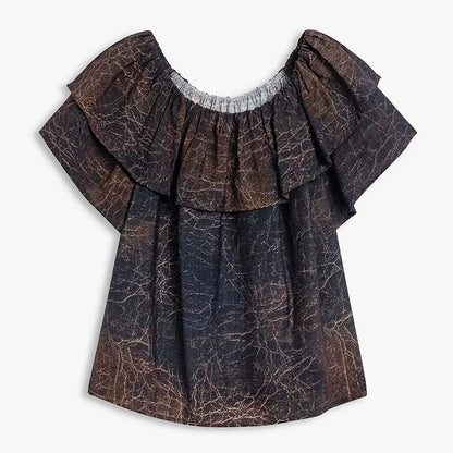 AYANAS Brown Leather-Print Ruffle Women's T-Shirt