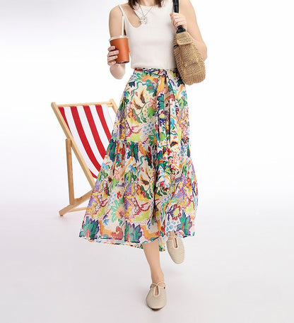 AYANAS Bohemian-style animal print tie-front pleated skirt