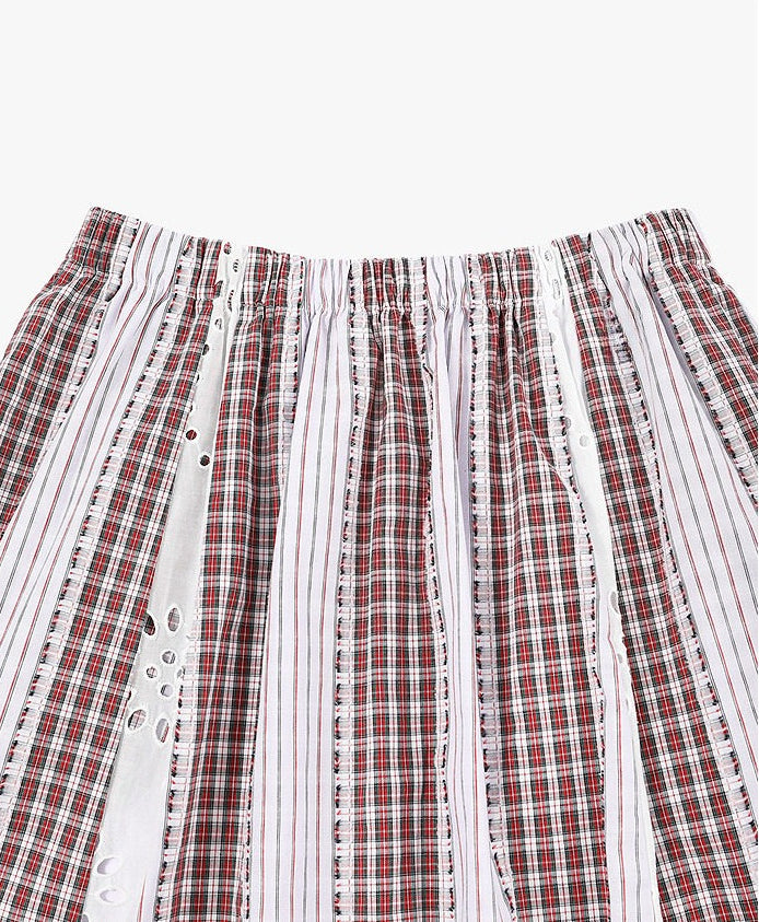 AYANAS Patchwork Striped and Checkered Elastic-Waist Midi Skirt