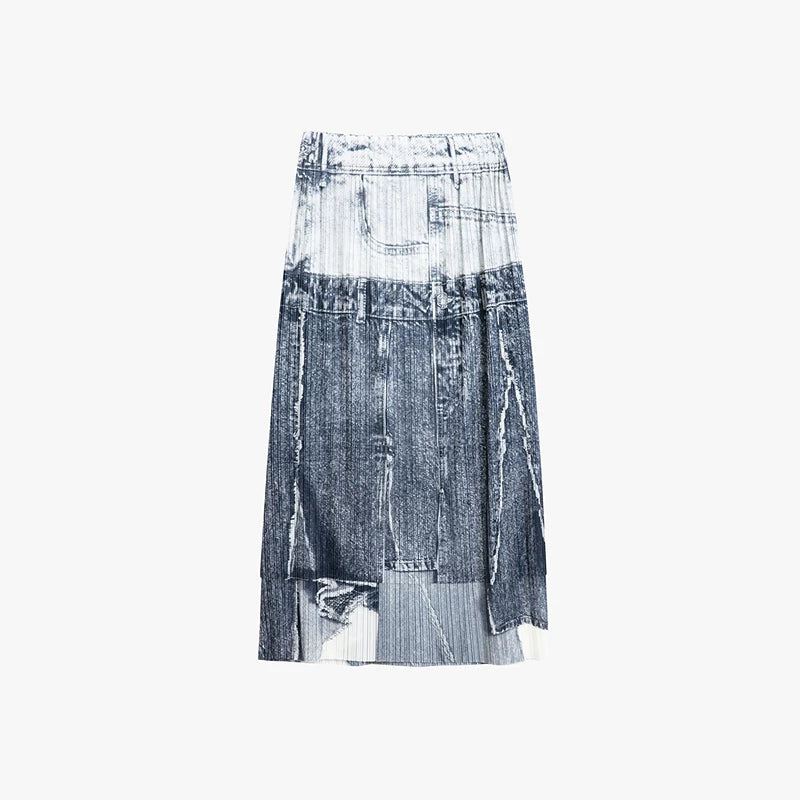 AYANAS Straight-cut faux denim printed pleated women’s skirt