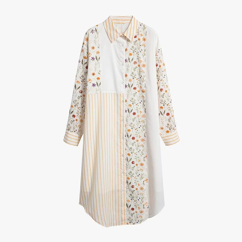 AYANAS Printed Patchwork Striped Collared Shirt Dress