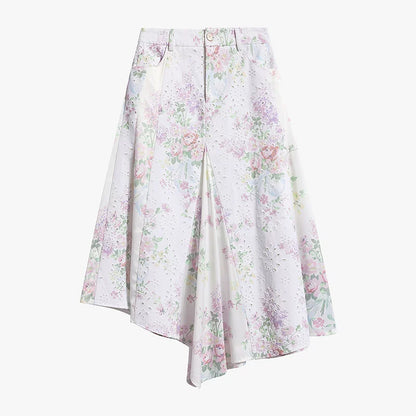 AYNAS Openwork floral print patchwork skirt